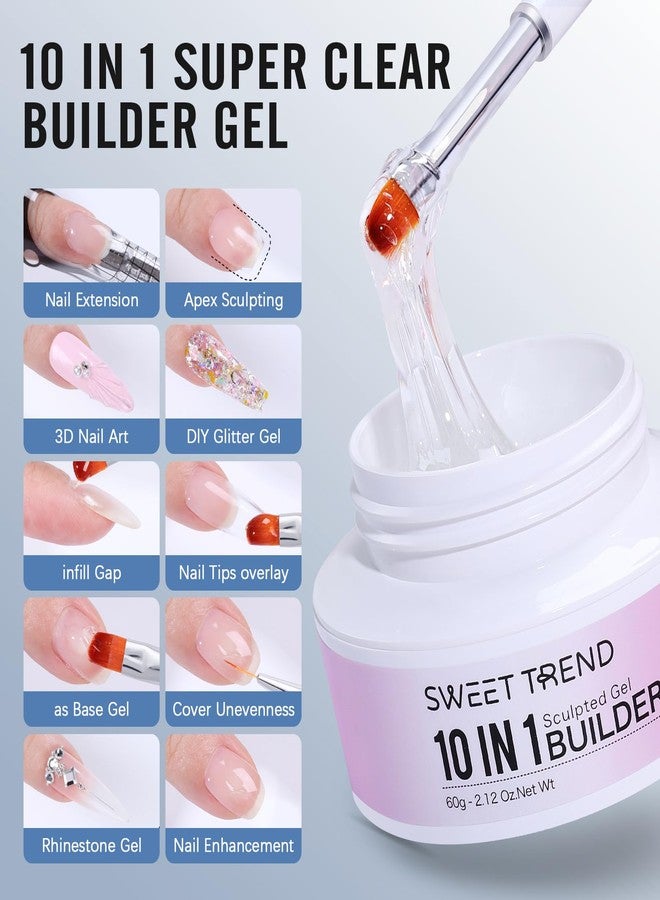 SWEET TREND Clear Builder Gel for Nails: Sweet Trend 10 in 1 Hard Gel Scuplted Kit - 60g LED/UV Strengthen Nail Art for Base Rhinestone 3D Extension Sculpting Overlay Tips - Manicure Set with Forms & Brushes - Image 2